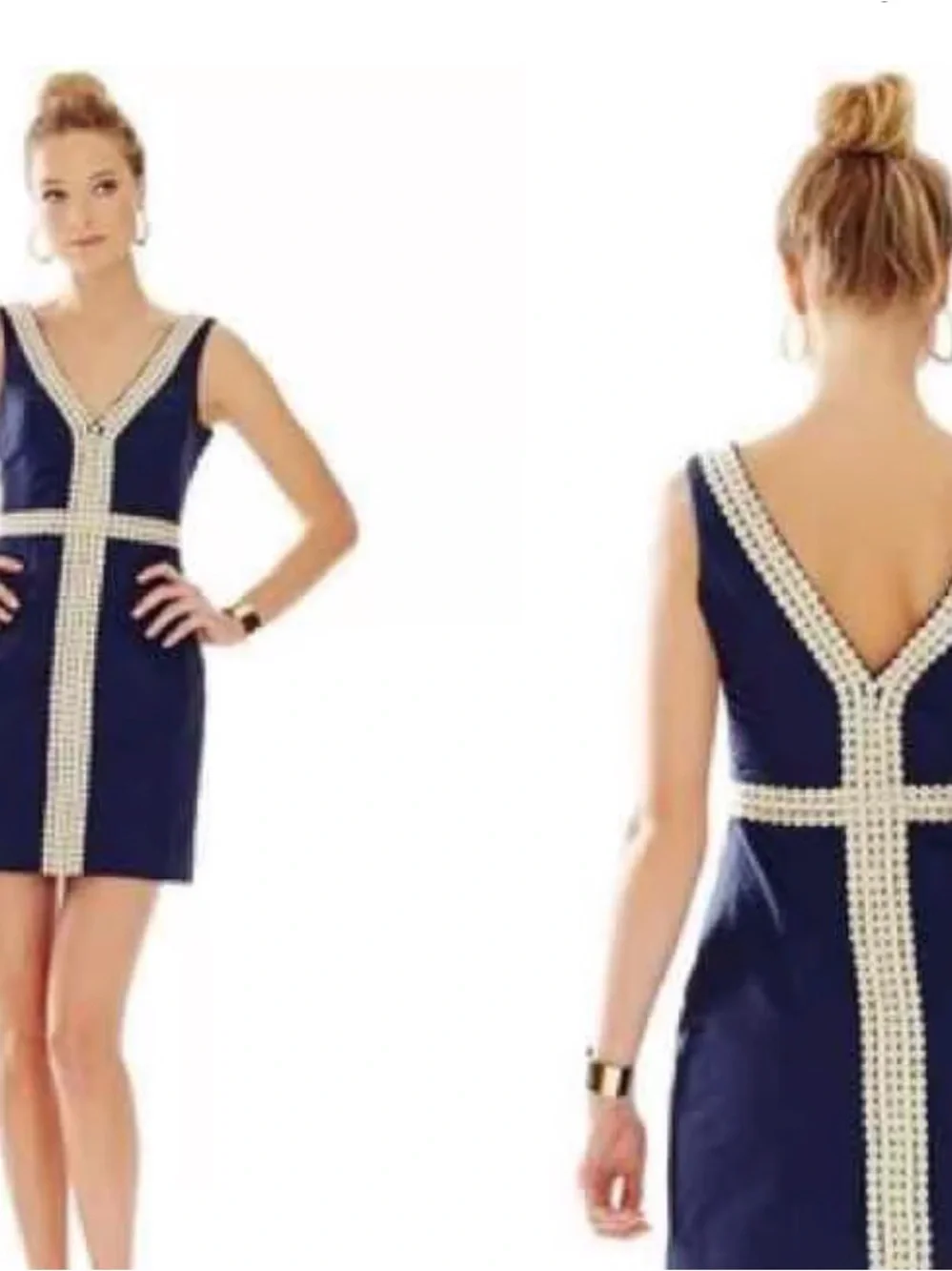 Lilly Pulitzer Bentley Shift True Shift Navy Sleeveless V-Neck Dress w Gold Trim - Picture 3 of 8